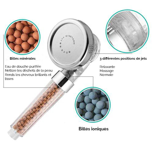 Pommeau de douche avec billes minérales filtrantes